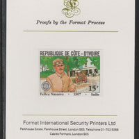 Ivory Coast 1981 French Grand Prix 15f Felice Nazzaro imperf mounted on Format International proof card as SG 699