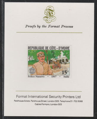 Ivory Coast 1981 French Grand Prix 15f Felice Nazzaro imperf mounted on Format International proof card as SG 699