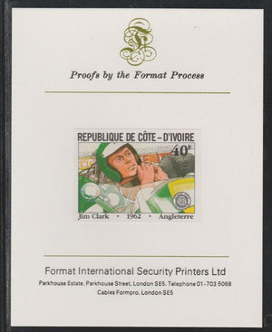 Ivory Coast 1981 French Grand Prix 40f Jim Clark imperf mounted on Format International proof card as SG 700