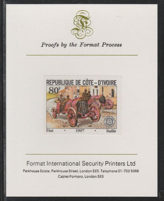 Ivory Coast 1981 French Grand Prix 80f Fiat imperf mounted on Format International proof card as SG 701