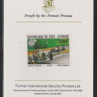 Ivory Coast 1981 French Grand Prix 100f Auto Union imperf mounted on Format International proof card as SG 702