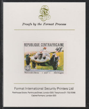 Central African Republic 1981 French Grand Prix 40f Mercedes Benz imperf mounted on Format International proof card as SG 787