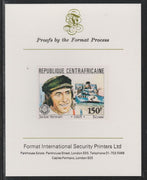 Central African Republic 1981 French Grand Prix 150f Jackie Stewart imperf mounted on Format International proof card as SG 790