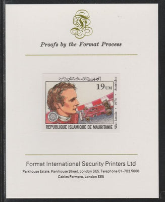 Mauritania 1982 French Grand Prix 19um Niki Lauda imperf mounted on Format International proof card as SG 728