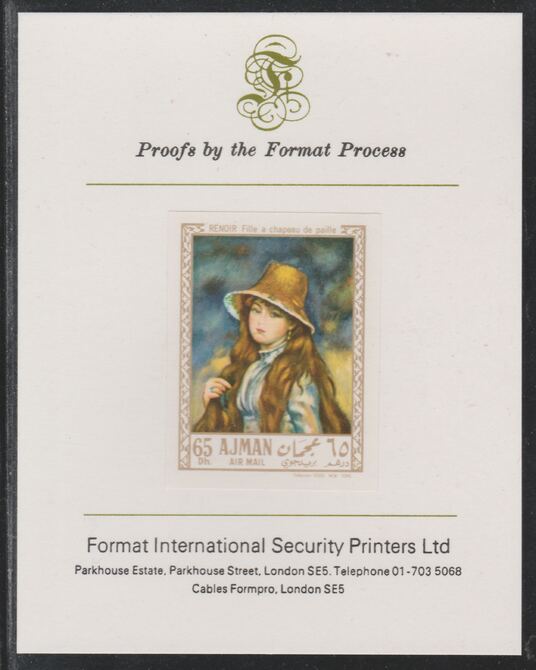 Ajman 1967 Paintings - Girl with a Straw Hat by Renoir imperf mounted on Format International proof card as Michel 210B