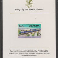 Uganda 1976 Railway Transport 50c Diesel Train imperf mounted on Format International proof card as SG 173