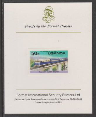 Uganda 1976 Railway Transport 50c Diesel Train imperf mounted on Format International proof card as SG 173