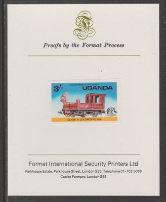 Uganda 1976 Railway Transport 3s Class A Steam Loco imperf mounted on Format International proof card as SG 176