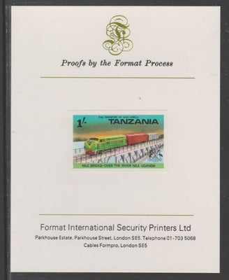 Tanzania 1976 Railway Transport 1s Nile Bridge imperf mounted on Format International proof card as SG 188