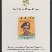 Liberia 1983 Third Anniversary 3c Col Fallah Gaida Varney imperf proof mounted on Format International proof card, as SG1548