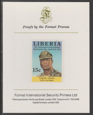 Liberia 1983 Third Anniversary 15c Jeffry Sei Gbatu imperf proof mounted on Format International proof card, as SG1551