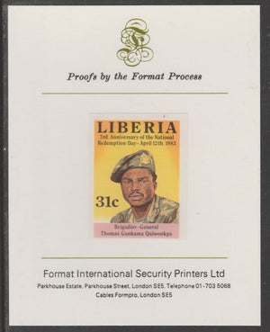 Liberia 1983 Third Anniversary 31c Thomas Gunkama Quiwonkpa imperf proof mounted on Format International proof card, as SG1552