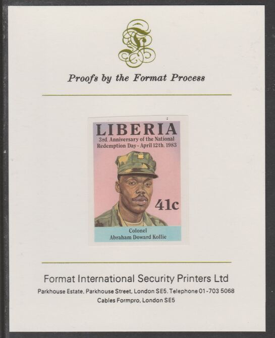 Liberia 1983 Third Anniversary 41c Abraham Doward Kollie imperf proof mounted on Format International proof card, as SG1553