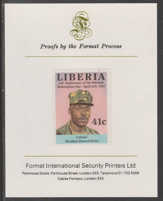 Liberia 1983 Third Anniversary 41c Abraham Doward Kollie imperf proof mounted on Format International proof card, as SG1553