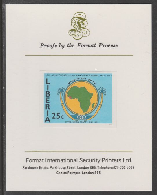 Liberia 1984 Tenth Anniversary of Mano River Union 25c imperf proof mounted on Format International proof card, as SG 1565