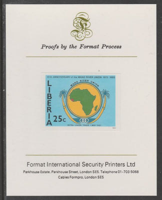 Liberia 1984 Tenth Anniversary of Mano River Union 25c imperf proof mounted on Format International proof card, as SG 1565