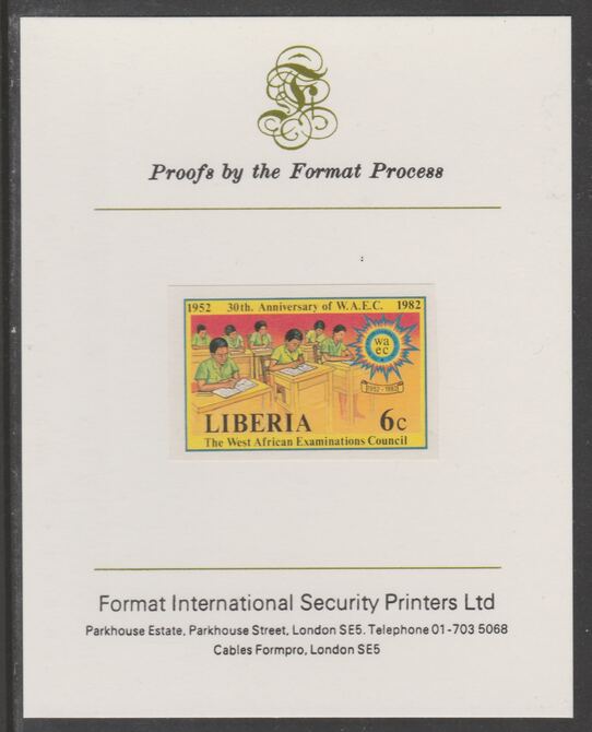 Liberia 1982 30th Anniversary of West African Examination Council 6c imperf proof mounted on Format International proof card, as SG 1517