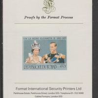 Chad 1977 Silver Jubilee 450f (ex m/sheet Philippe French spelling) imperf proof mounted on Format International proof card, as SG MS494, Mi BL 69B Note signs of usage and two staple holes