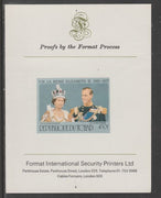 Chad 1977 Silver Jubilee 450f (ex m/sheet Philippe French spelling) imperf proof mounted on Format International proof card, as SG MS494, Mi BL 69B Note signs of usage and two staple holes