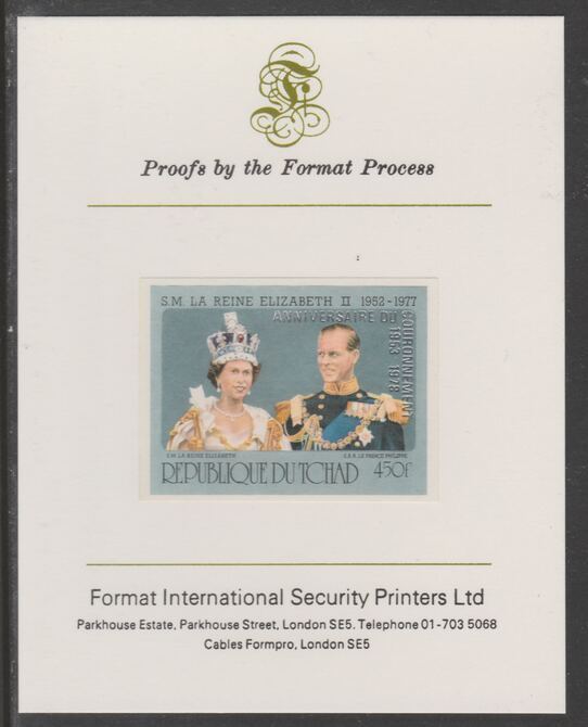 Chad 1978 25th Anniv of Coronation opt'd in silver on Silver Jubilee 450f (ex m/sheet Philippe French spelling) imperf proof mounted on Format International proof card, as SG MS528