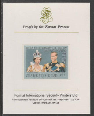 Chad 1978 25th Anniv of Coronation opt'd in silver on Silver Jubilee 450f (ex m/sheet Philippe French spelling) imperf proof mounted on Format International proof card, as SG MS528