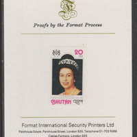 Bhutan 1978 Anniversaries - 25th Anniv of Coronation 20d imperf proof mounted on Format International proof card, as SG 383