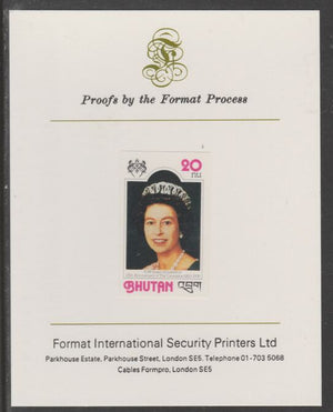 Bhutan 1978 Anniversaries - 25th Anniv of Coronation 20d imperf proof mounted on Format International proof card, as SG 383