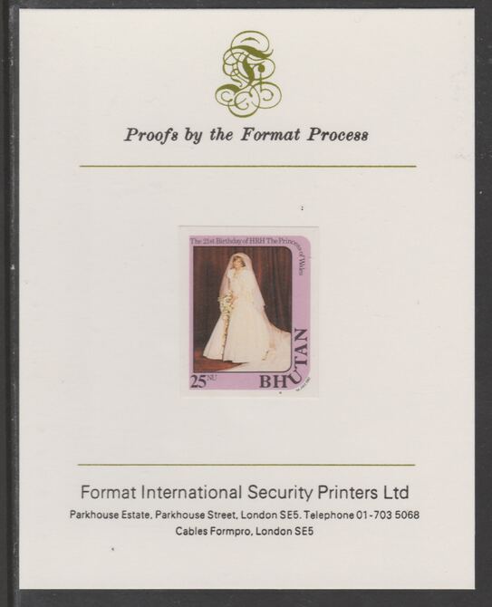 Bhutan 1982 Princess Diana's 21st Birthday 25n imperf proof mounted on Format International proof card, as SG 458