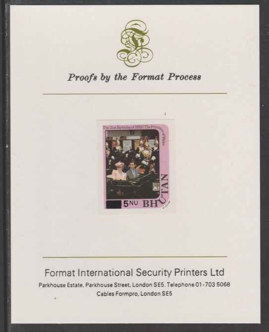 Bhutan 1984 Surcharged on Princess Diana's 21st Birthday 5n on 10n imperf proof mounted on Format International proof card, as SG 579