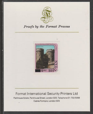 Bhutan 1984 Surcharged on Princess Diana's 21st Birthday 5n on 15n imperf proof mounted on Format International proof card, as SG 580