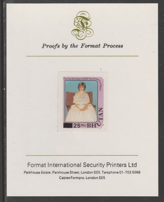 Bhutan 1984 Surcharged on Princess Diana's 21st Birthday 25n on 20n,(ex m/sheet) imperf proof mounted on Format International proof card, as SG MS582