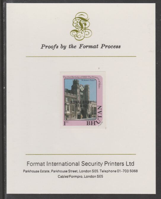 Bhutan 1982 Royal Baby overprint on Princess Diana's 21st Birthday 1n imperf proof mounted on Format International proof card, as SG 475
