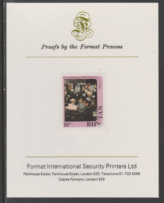 Bhutan 1982 Royal Baby overprint on Princess Diana's 21st Birthday 10n imperf proof mounted on Format International proof card, as SG 476