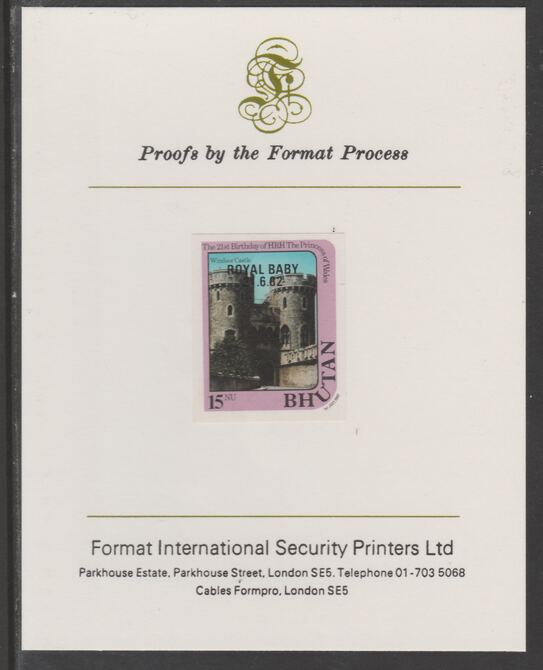 Bhutan 1982 Royal Baby overprint on Princess Diana's 21st Birthday 15n imperf proof mounted on Format International proof card, as SG 477