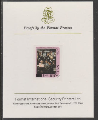 Bhutan 1984 Surcharged on Royal Baby on 21st Birthday 5n on 10n imperf proof mounted on Format International proof card, as SG 584