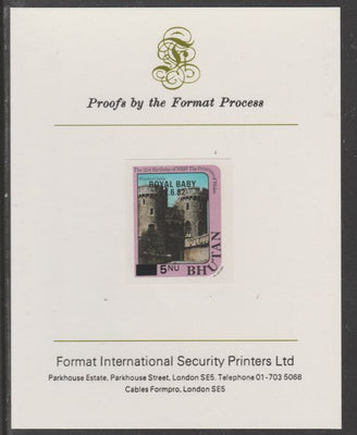 Bhutan 1984 Surcharged on Royal Baby on 21st Birthday 5n on 15n imperf proof mounted on Format International proof card, as SG 585