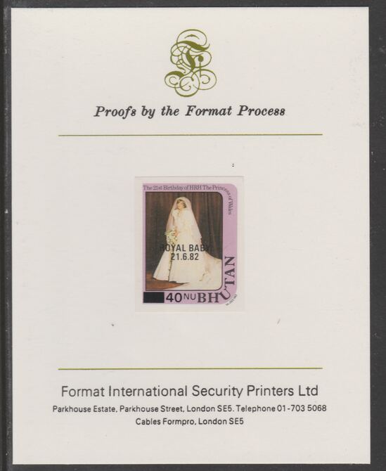 Bhutan 1984 Surcharged on Royal Baby on 21st Birthday 40n on 25n imperf proof mounted on Format International proof card, as SG 586