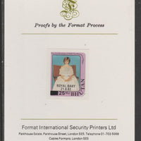 Bhutan 1984 Surcharged on Royal Baby on 21st Birthday 25n on 20n (ex m/sheet) imperf proof mounted on Format International proof card, as SG MS587