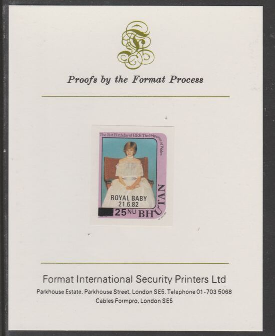 Bhutan 1984 Surcharged on Royal Baby on 21st Birthday 25n on 20n (ex m/sheet) imperf proof mounted on Format International proof card, as SG MS587