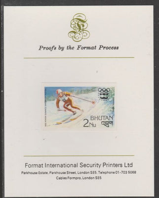 Bhutan 1976 Innsbruck Winter Olympics 2n (Downhill Skiing) imperf proof mounted on Format International proof card, as SG 342