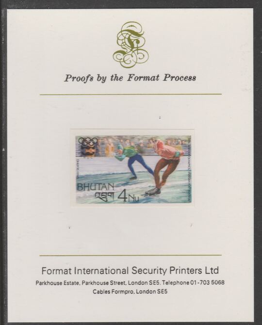 Bhutan 1976 Innsbruck Winter Olympics 4n (Speed Skating) imperf proof mounted on Format International proof card, as SG 343