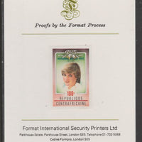 Central African Republic 1982 Birth of Prince William opt on Royal Wedding 100f imperf proof mounted on Format International proof card, as SG 865