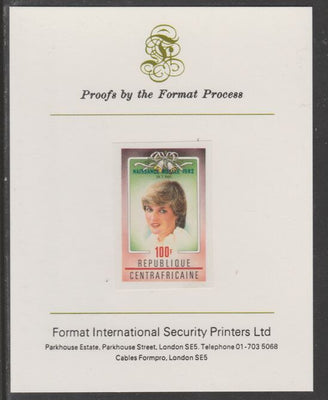 Central African Republic 1982 Birth of Prince William opt on Royal Wedding 100f imperf proof mounted on Format International proof card, as SG 865