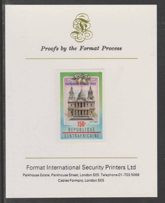 Central African Republic 1982 Birth of Prince William opt on Royal Wedding 150f imperf proof mounted on Format International proof card, as SG 866