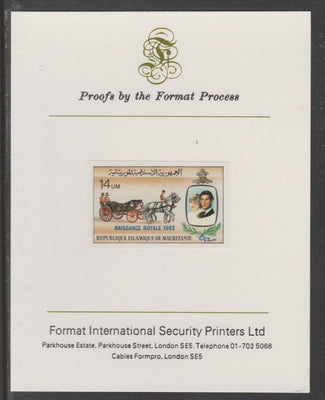 Mauritania 1982 Birth of Prince William opt on Royal Wedding 14um imperf proof mounted on Format International proof card, as SG 739