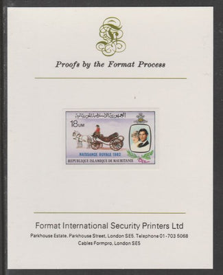 Mauritania 1982 Birth of Prince William opt on Royal Wedding 18um imperf proof mounted on Format International proof card, as SG 740