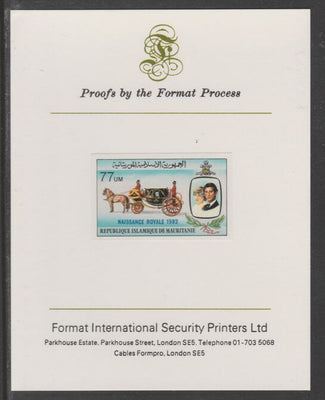 Mauritania 1982 Birth of Prince William opt on Royal Wedding 77um imperf proof mounted on Format International proof card, as SG 741