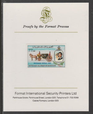 Mauritania 1982 Birth of Prince William opt on Royal Wedding 77um imperf proof mounted on Format International proof card, as SG 741