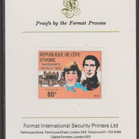 Ivory Coast 1982 Birth of Prince William opt on Royal Wedding 80f imperf proof mounted on Format International proof card, as SG 730