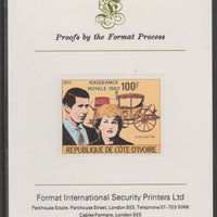 Ivory Coast 1982 Birth of Prince William opt on Royal Wedding 100f imperf proof mounted on Format International proof card, as SG 731
